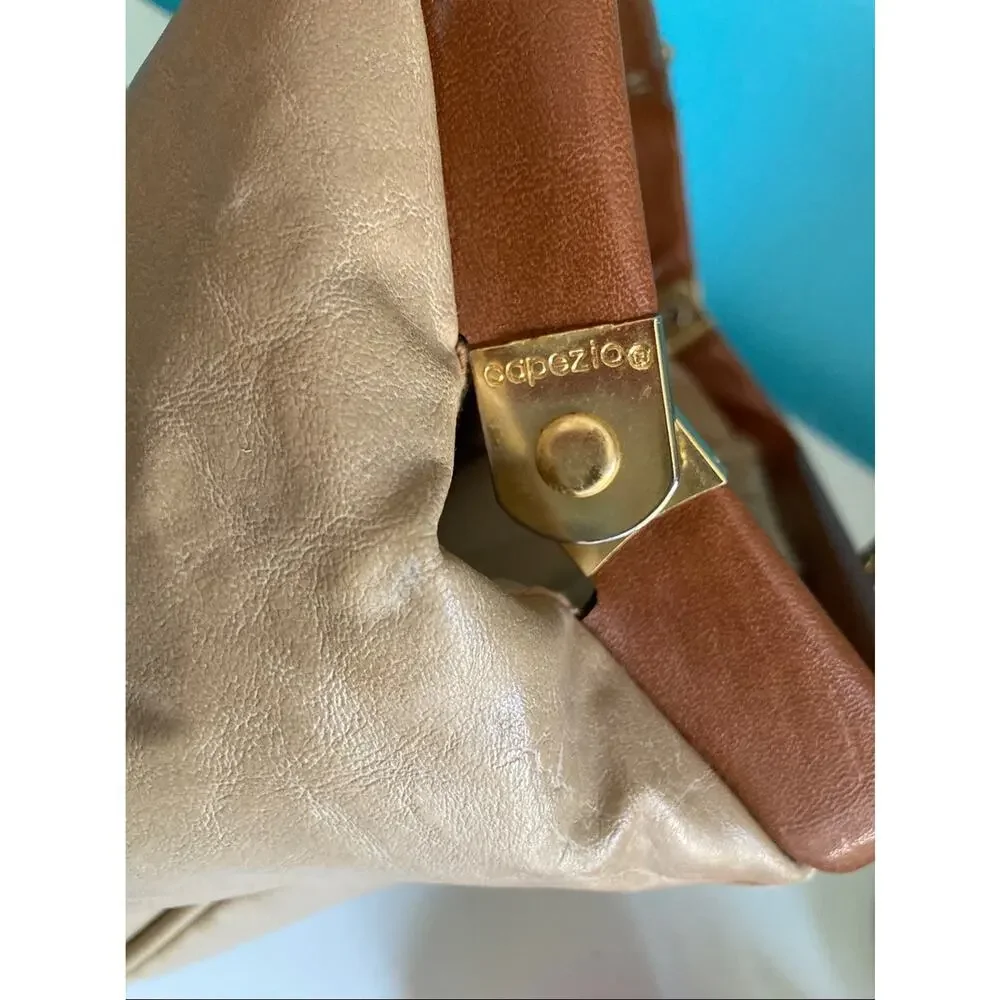 Vintage 80s Capezio Doctor Bag Handbag Beige Brown Frame Satchel Purse 14 x 7.5